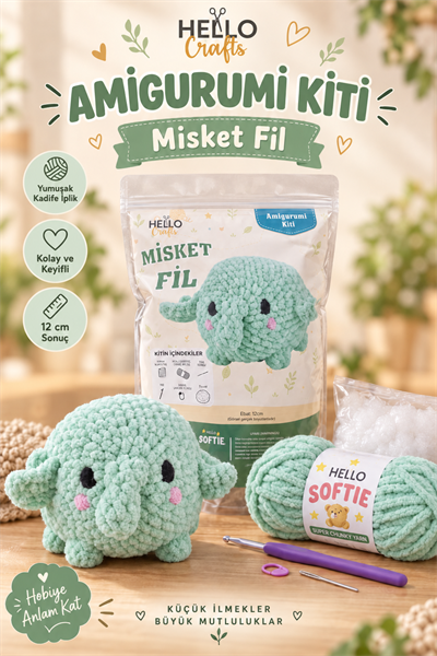 Softie Amigurumi Kiti, Misket Fil, 12 cm