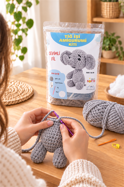 Softie Amigurumi Kiti, Sevimli Fil, 18 cm