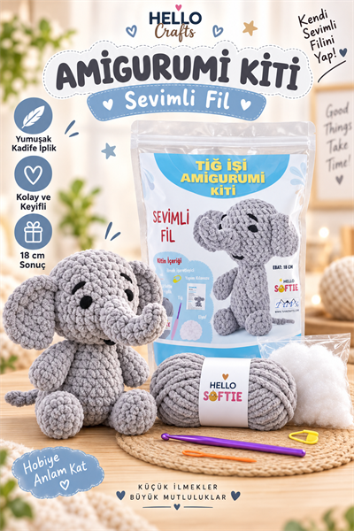 Softie Amigurumi Kiti, Sevimli Fil, 18 cm