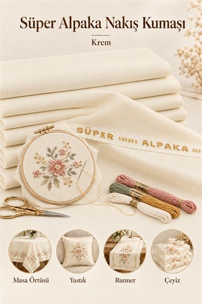 Süper Alpaka Nakış Kumaşı Krem 1 Metre, El İşi, Masa Örtüsü, Runner, Yastık ve Çeyiz Kumaşı