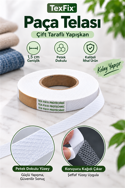 TexFix Paça Telası 1,5cm Eninde 100m Top, Petek Dokulu Çift Taraflı Yapışkan Şerit Tela