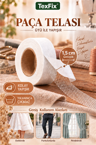 Paça Telası 1,5cm Eninde 10 metre, Dikişsiz Tadilat Telası, Çift Taraflı Yapışkan Şerit Tela