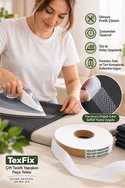 TexFix Paça Telası 2cm Eninde 100m Top, Petek Dokulu Çift Taraflı Yapışkan Şerit Tela