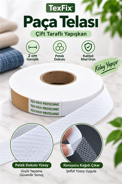 TexFix Paça Telası 2cm Eninde 100m Top, Petek Dokulu Çift Taraflı Yapışkan Şerit Tela