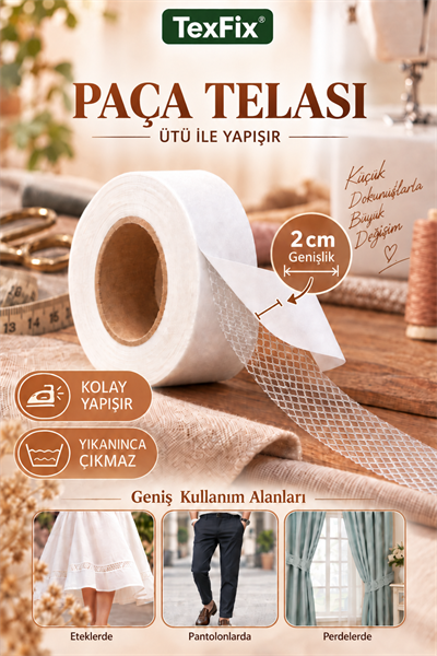 Paça Telası 2cm Eninde 10 metre, Dikişsiz Tadilat Telası, Çift Taraflı Yapışkan Şerit Tela