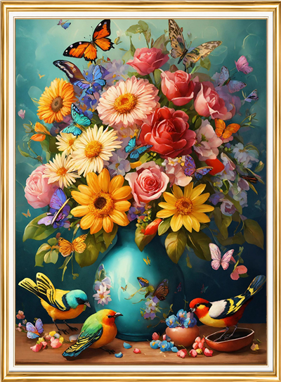 Elmas Boyama Puzzle Kit, Vazoda Çiçekler ve Kuşlar 30x40 cm Mozaik