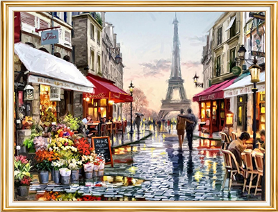 Elmas Boyama Puzzle Kit, Yağmurlu Paris Sokağında Eyfel 50x65 cm Mozaik