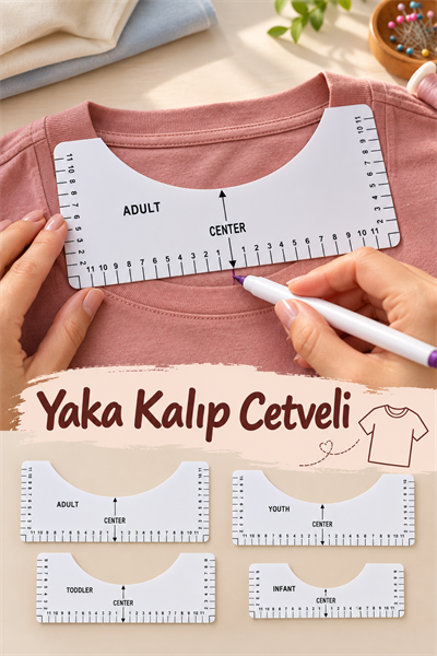 Yaka Kalıbı 4lü, Profesyonel Tişört Hizalama Cetveli Seti - Baskı, Nakış ve Yaka Dikiş Şablonu
