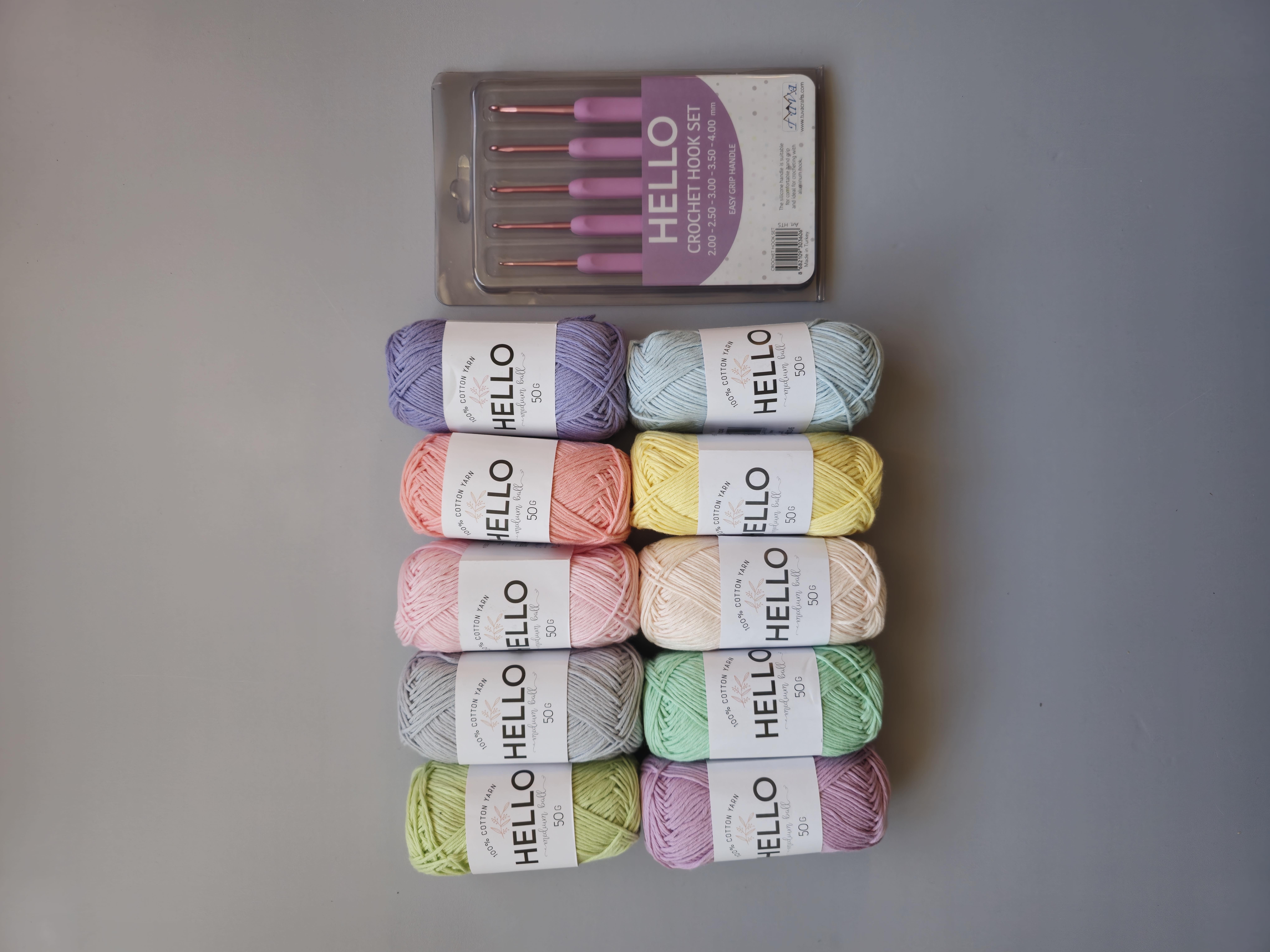 10 Adet Pastel Renkler 50 Gram Hello Koton İplik + Hello Tığ Seti