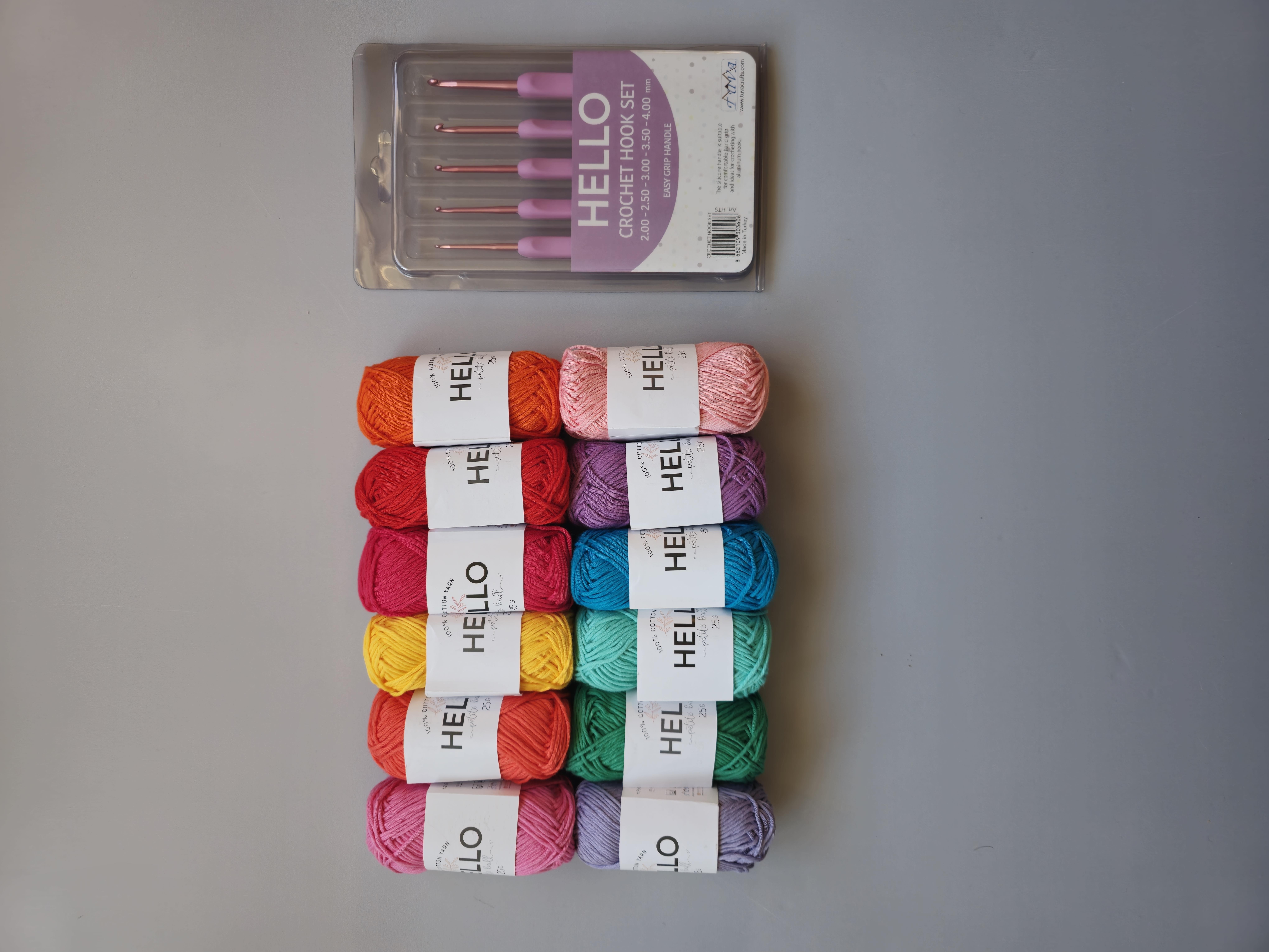 12 Adet Canlı Renkler 25 Gram Hello Koton İplik + Hello Tığ Seti