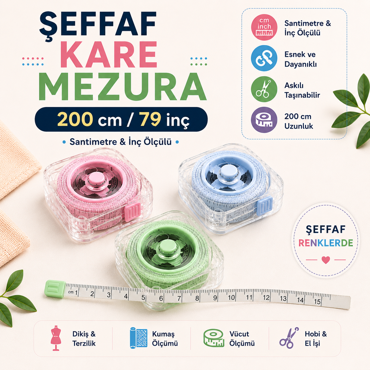 200 cm Şeffaf Otomatik Terzi Mezurası 
