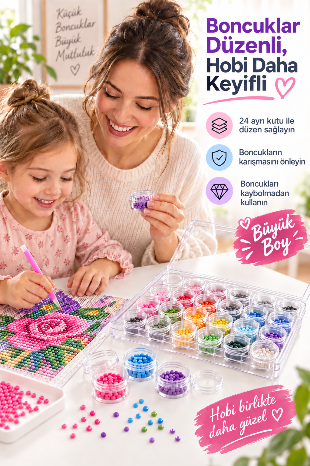 24'lü Elmas Mozaik Boncuk Kutusu, Kapaklı Yuvarlak Saklama Organizeri