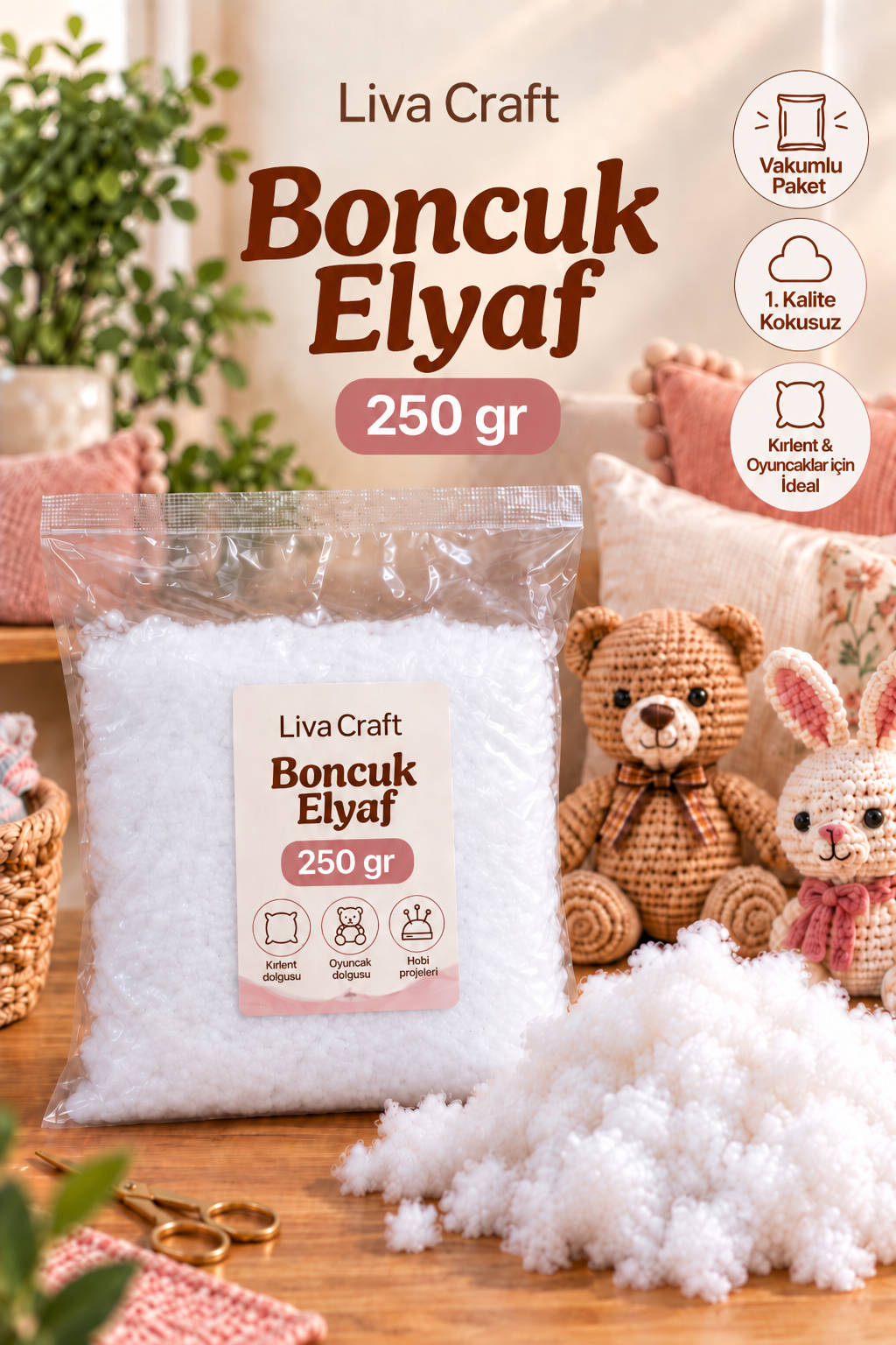 Boncuk Elyaf 250gr, Vakumlu Torbada, Hobi Dolgu Elyafı