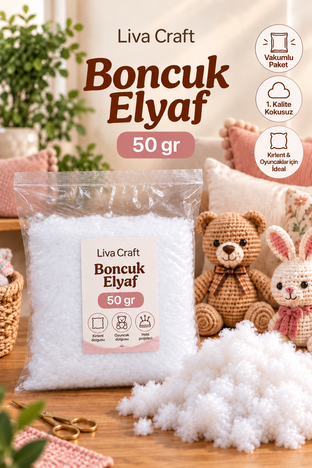 Boncuk Elyaf 50gr, Vakumlu Torbada, Hobi Dolgu Elyafı