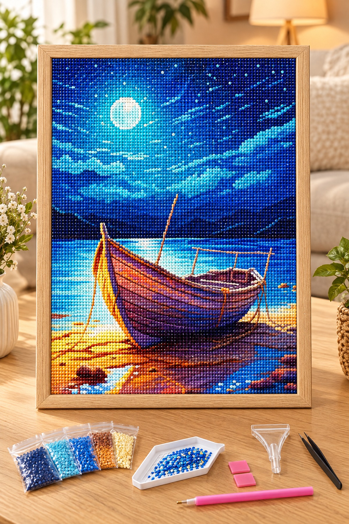 Elmas Boyama Puzzle Kit, Ay Işığında Kıyıdaki Sandal 40x50 cm Mozaik