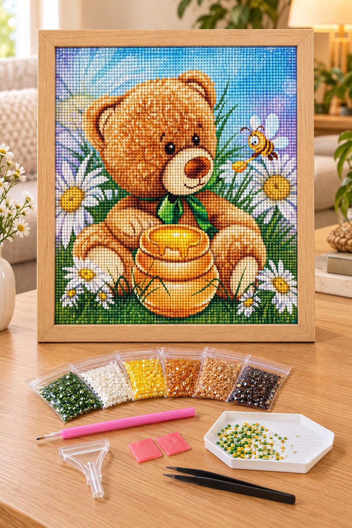 Elmas Boyama Puzzle Kit, Bal Küpü ve Oyuncak Ayı 21x25 cm Mozaik