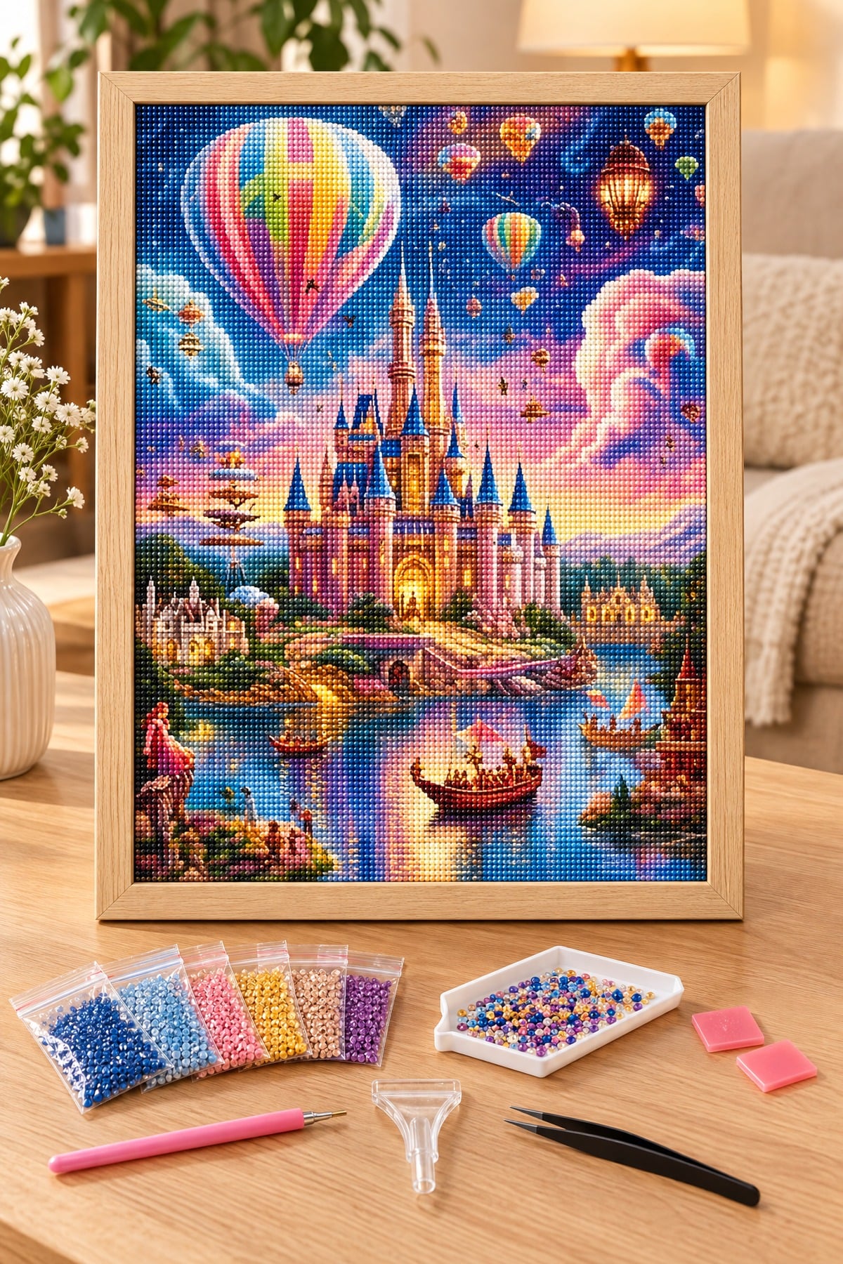 Elmas Boyama Puzzle Kit, Balonlu Gökyüzünde Masal Şatosu 30x40 cm Mozaik