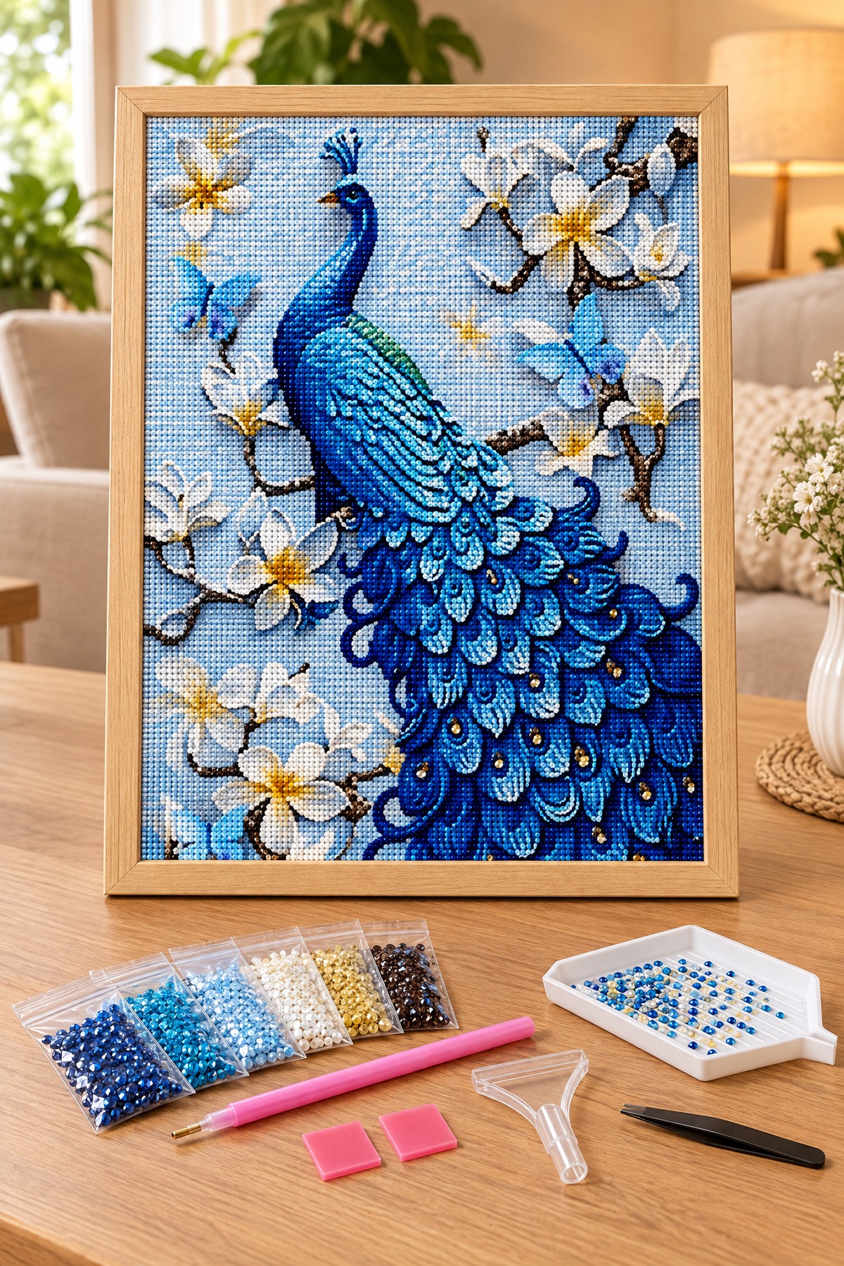 Elmas Boyama Puzzle Kit, Beyaz Çiçekler Arasında Mavi Tavus Kuşu 40x50 cm Mozaik