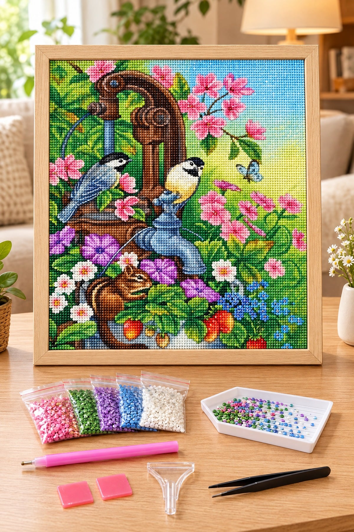 Elmas Boyama Puzzle Kit, Çeşme Başında Kuşlar ve Sincap 30x30 cm Mozaik