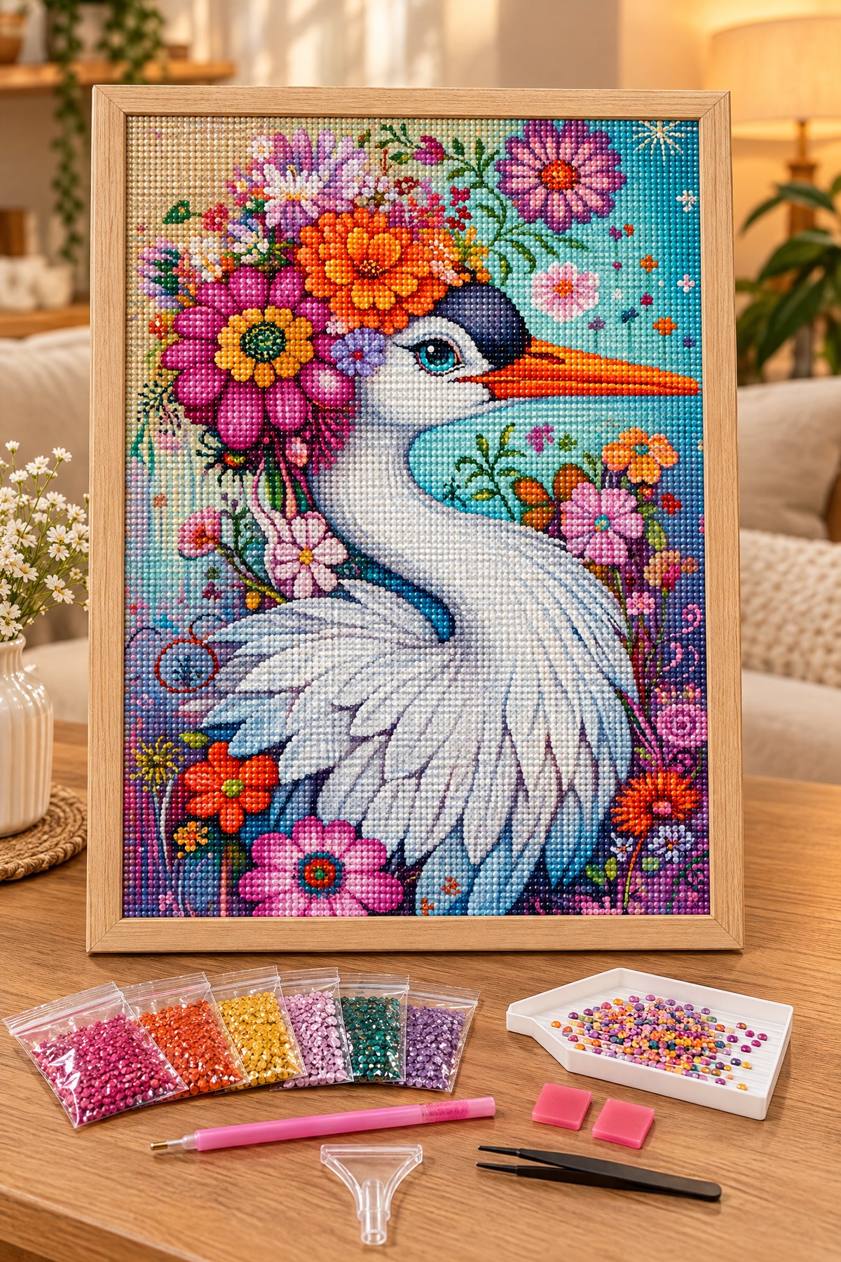 Elmas Boyama Puzzle Kit, Çiçek Taçlı Leylek 30x40 cm Mozaik