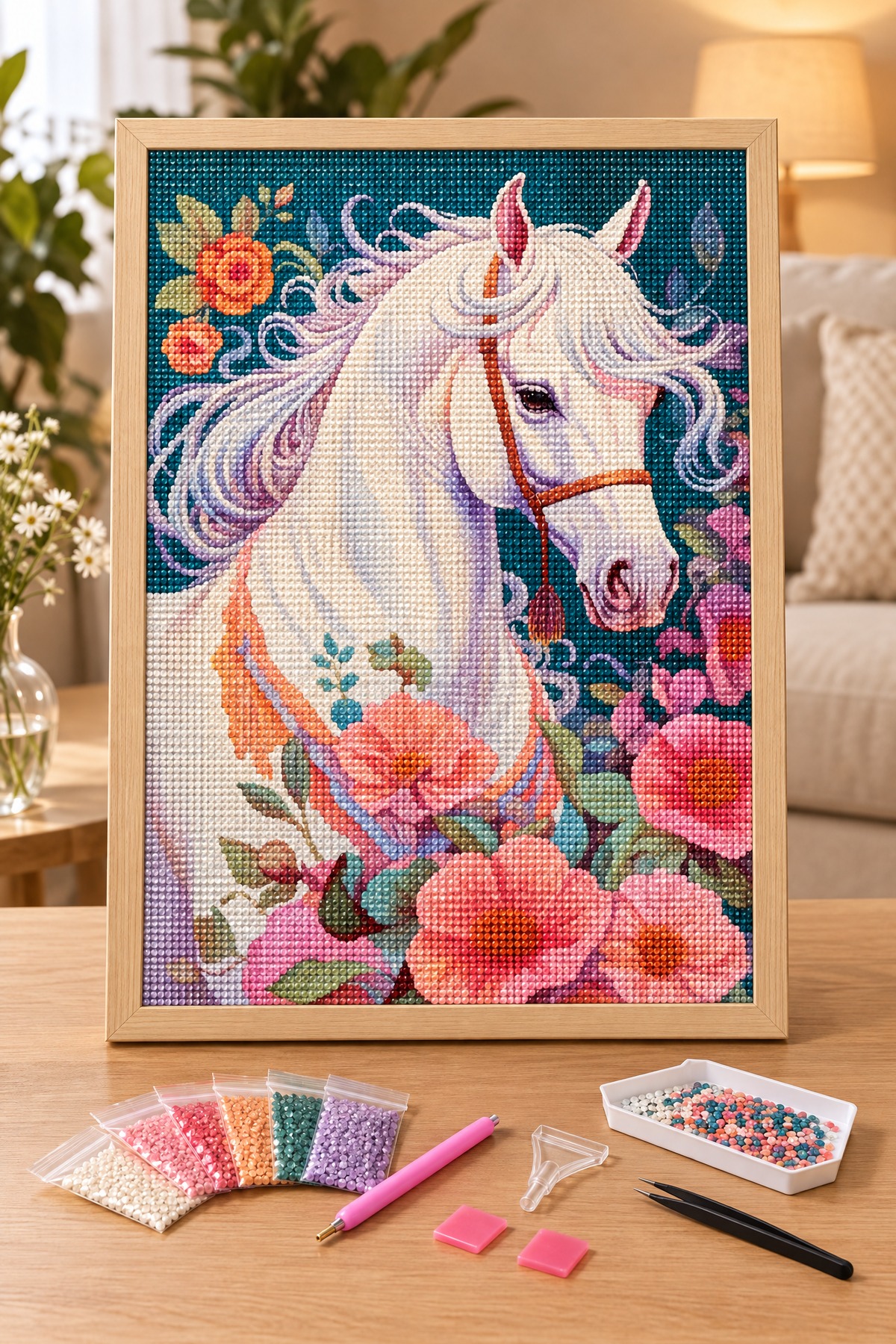 Elmas Boyama Puzzle Kit, Çiçekler Arasında Beyaz At 30x40 cm Mozaik
