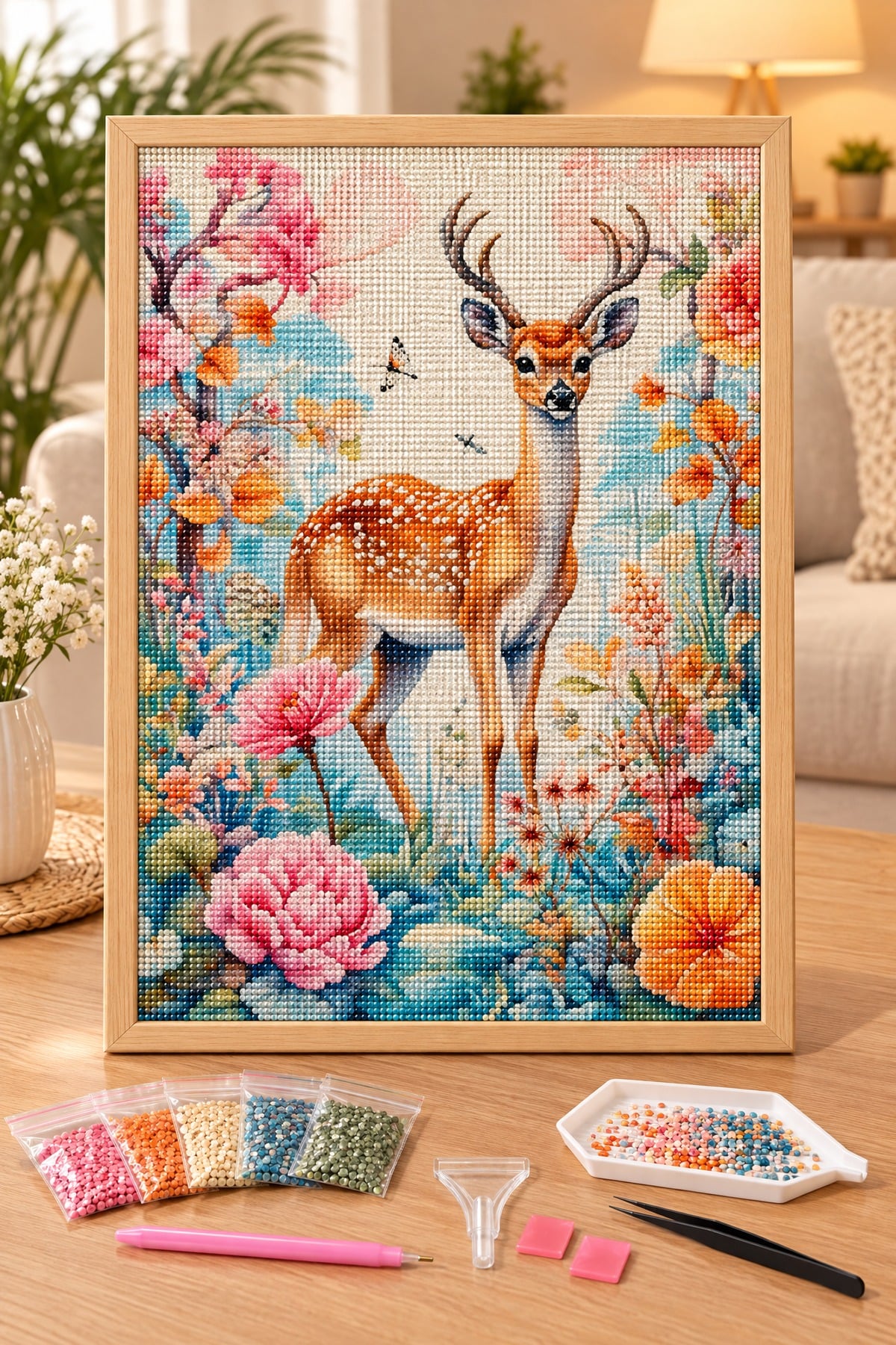 Elmas Boyama Puzzle Kit, Çiçekli Ormanda Benekli Geyik 30x40 cm Mozaik