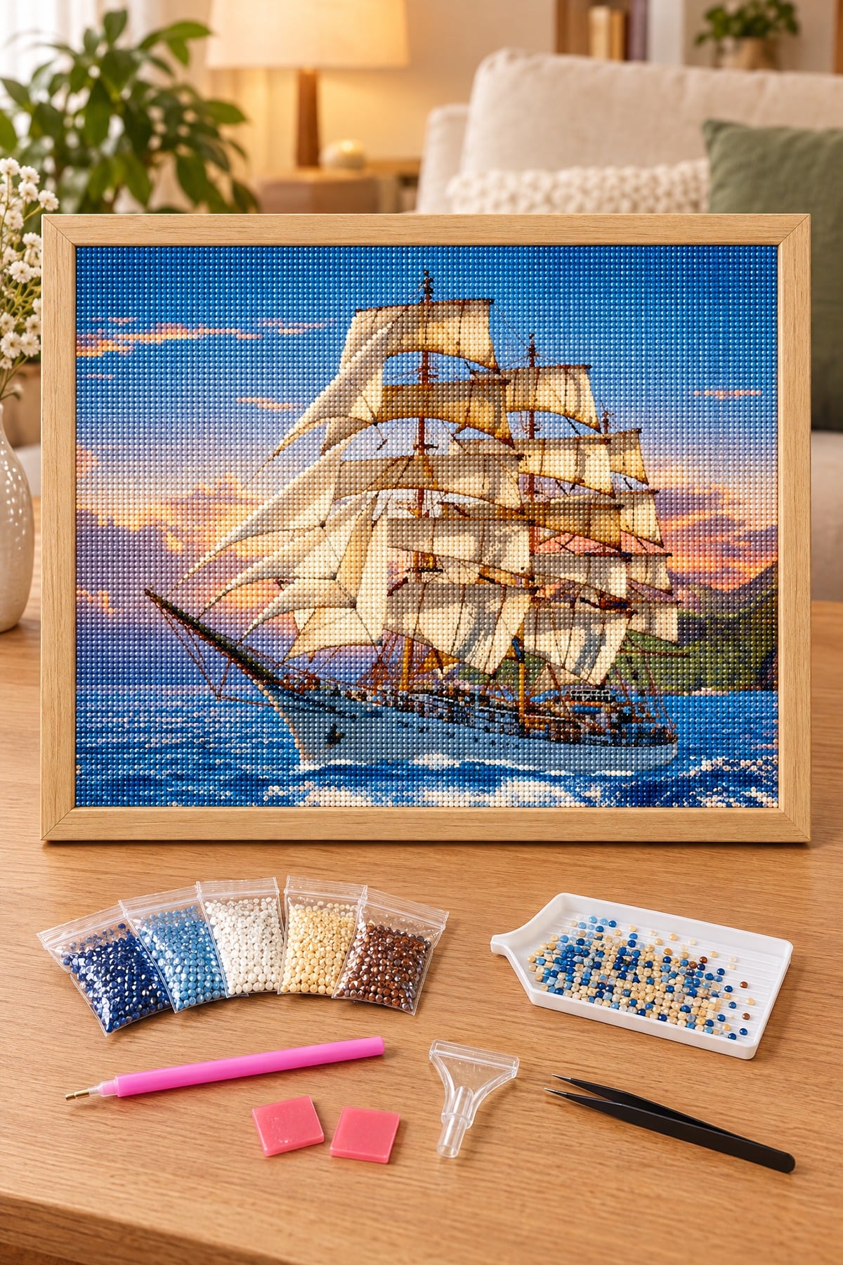 Elmas Boyama Puzzle Kit, Dalgalar Üzerinde Büyük Yelkenli 50x65 cm Mozaik