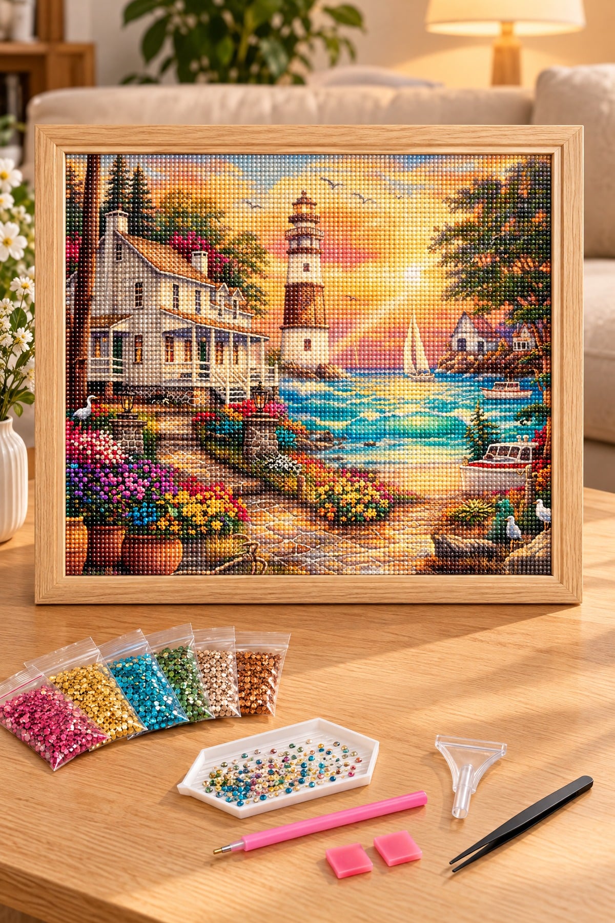 Elmas Boyama Puzzle Kit, Deniz Feneri ve Çiçekli Sahil Evi 50x65 cm Mozaik