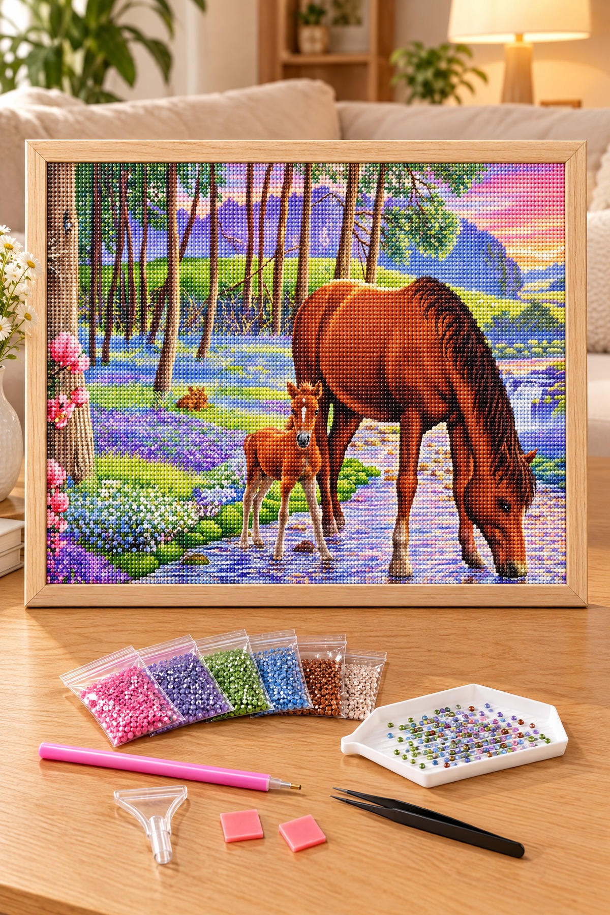 Elmas Boyama Puzzle Kit, Dere Kenarında At ve Tayı 30x40 cm Mozaik