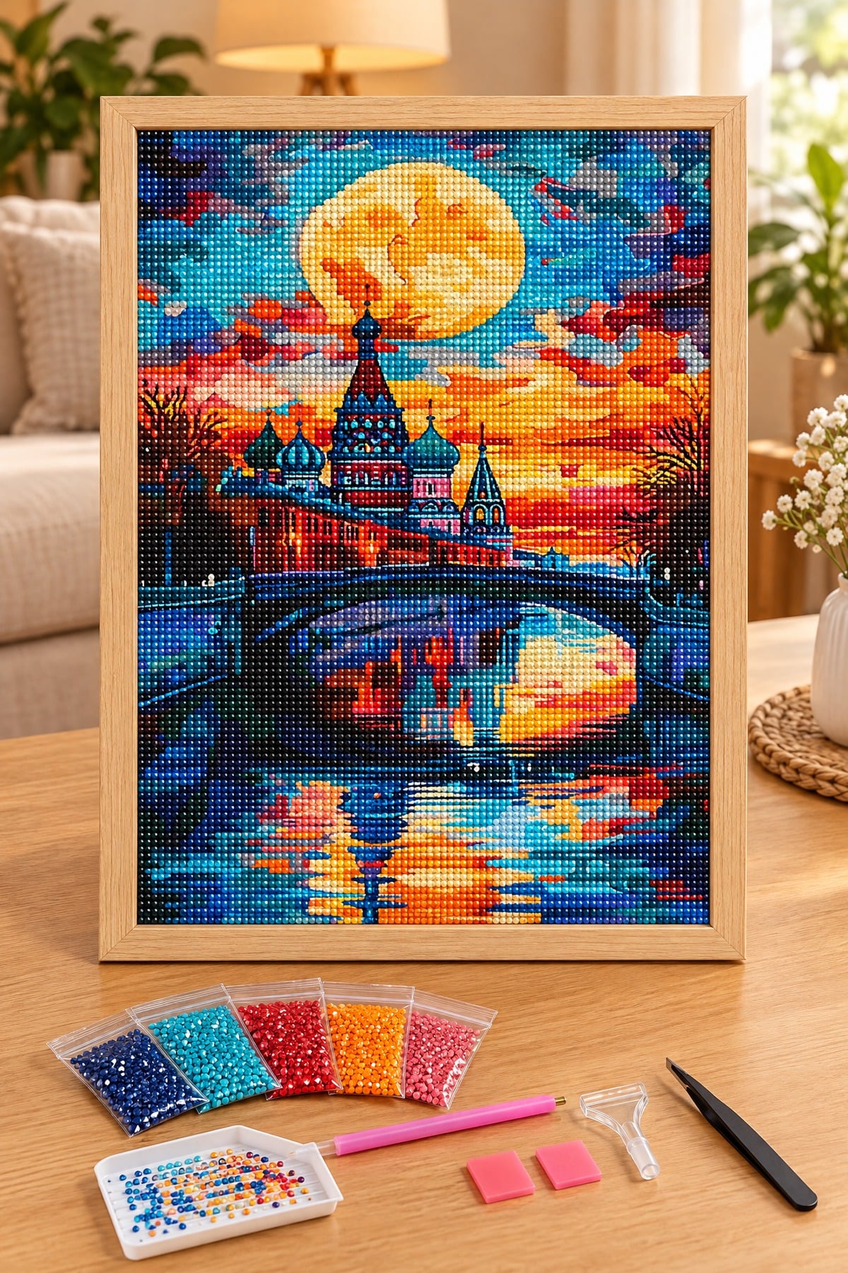 Elmas Boyama Puzzle Kit, Dolunayda Kubbeli Şehir ve Köprü 30x40 cm Mozaik