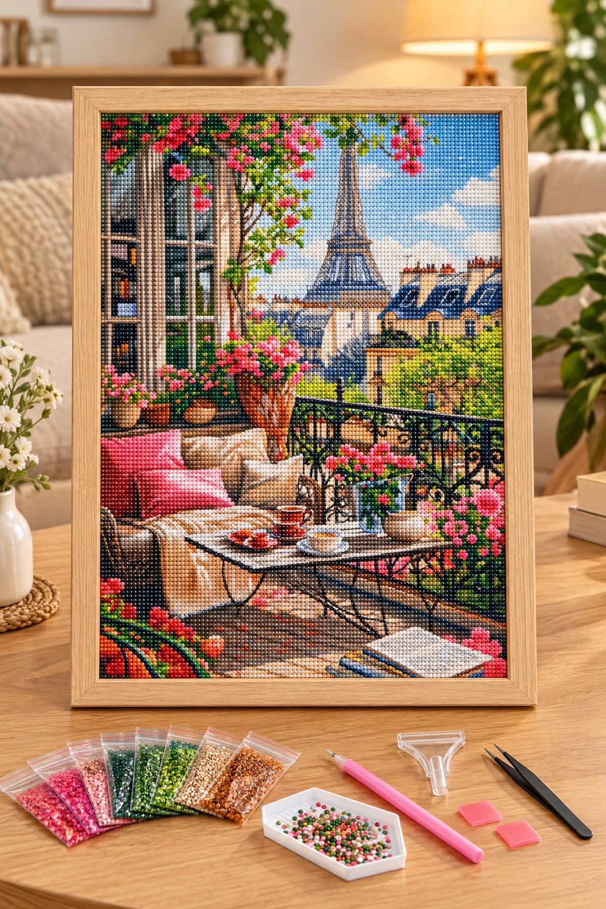 Elmas Boyama Puzzle Kit, Eyfel Manzaralı Çiçekli Balkon 50x65 cm Mozaik