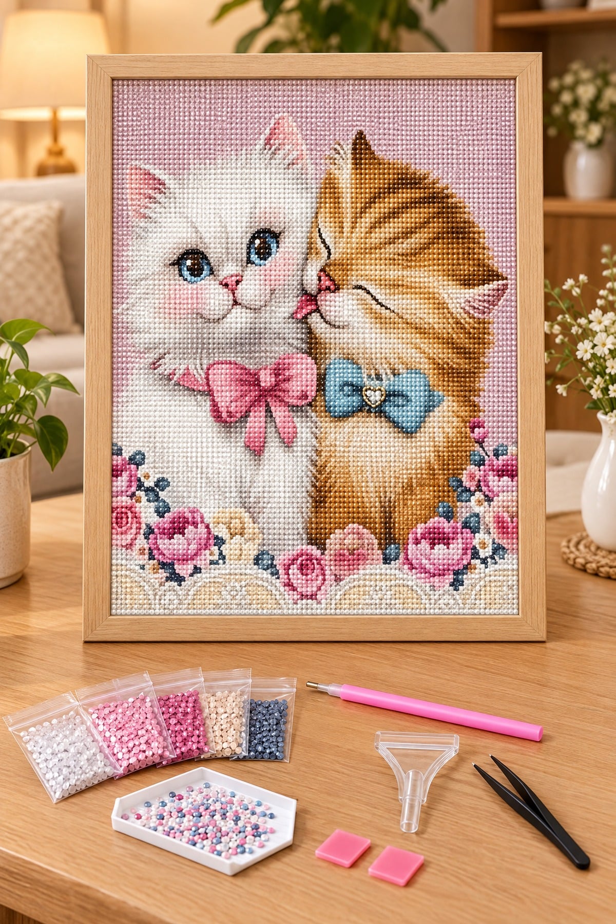 Elmas Boyama Puzzle Kit, Fiyonklu Sevimli Kediler 21x25 cm Mozaik