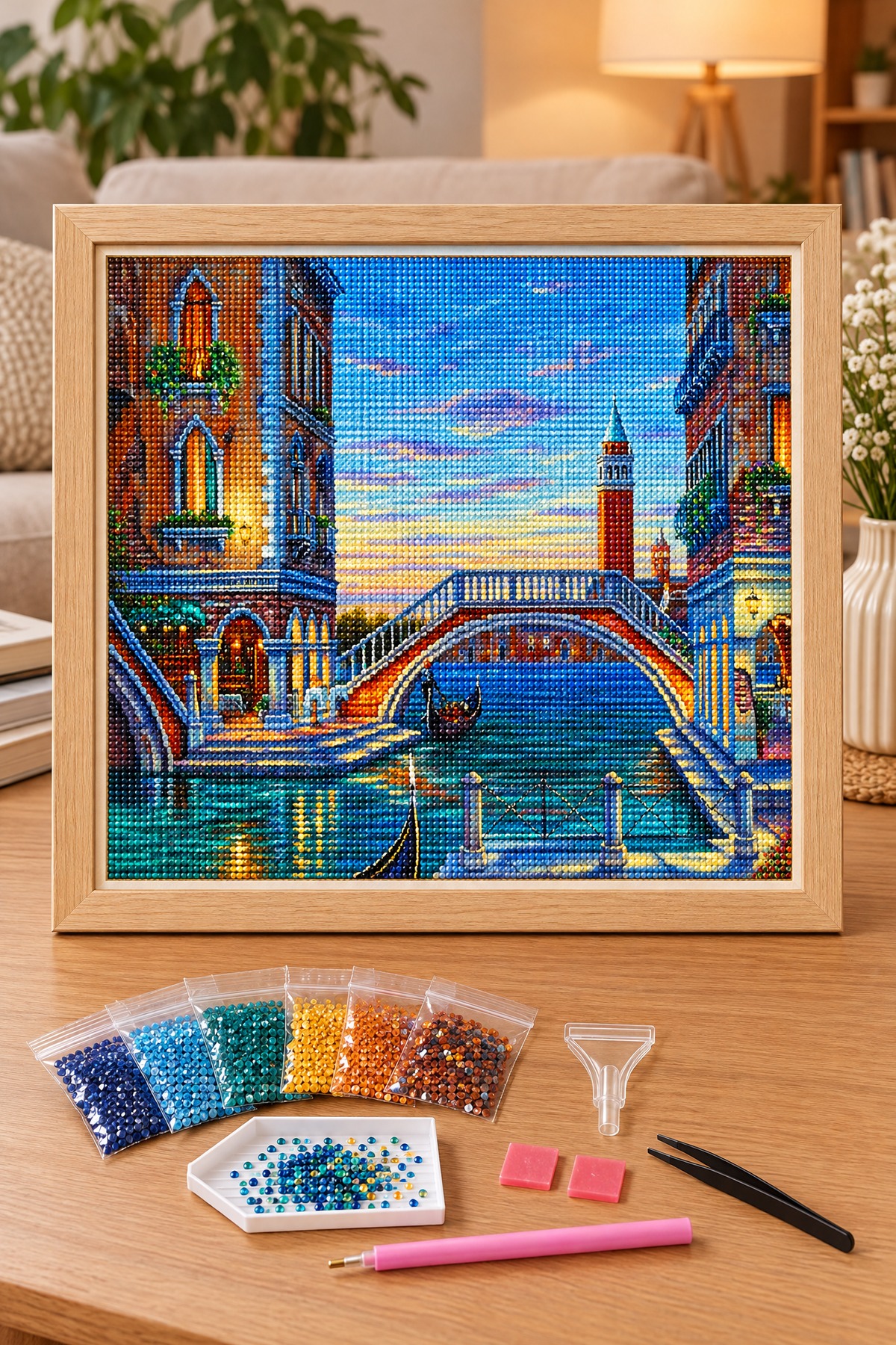 Elmas Boyama Puzzle Kit, Gece Venedik Köprüsü 40x50 cm Mozaik