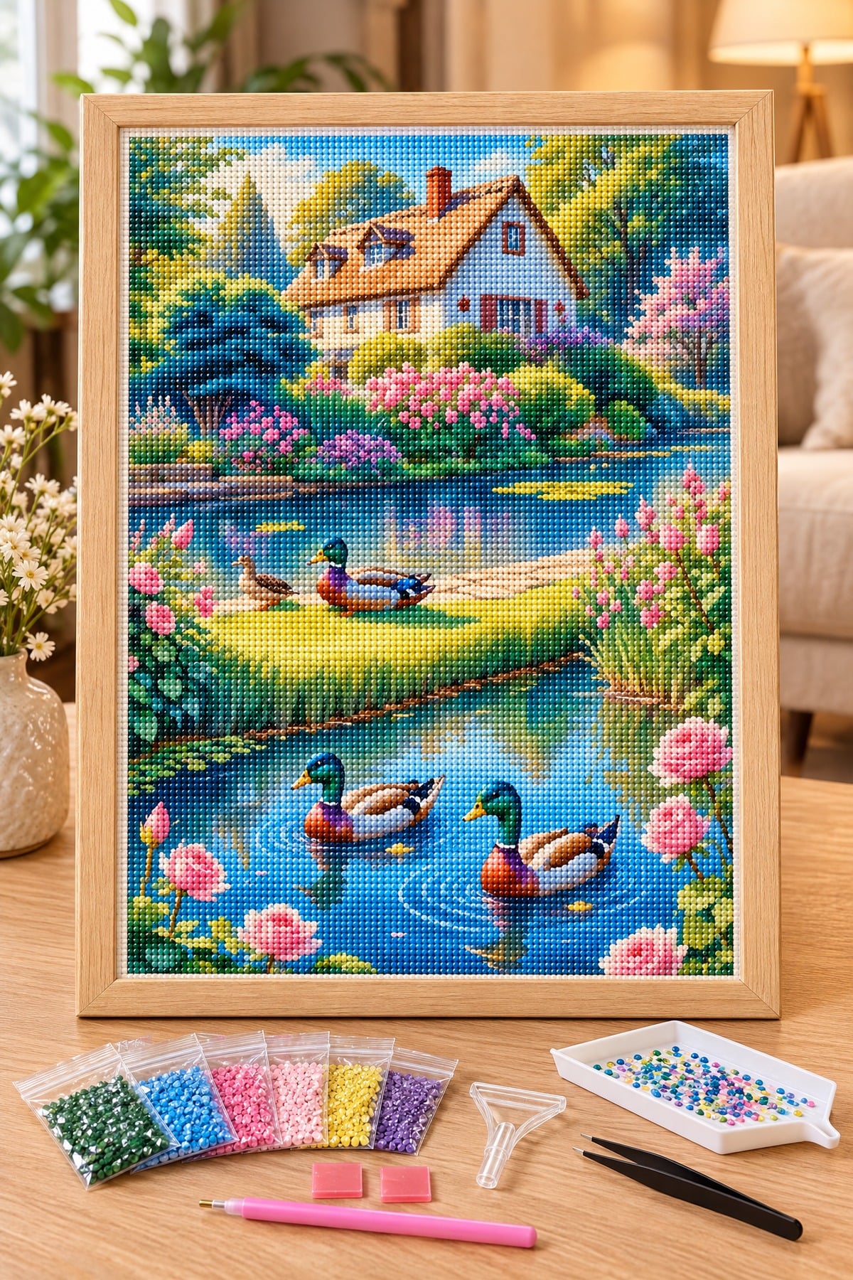 Elmas Boyama Puzzle Kit, Göl Kenarında Yaban Ördekleri 30x40 cm Mozaik