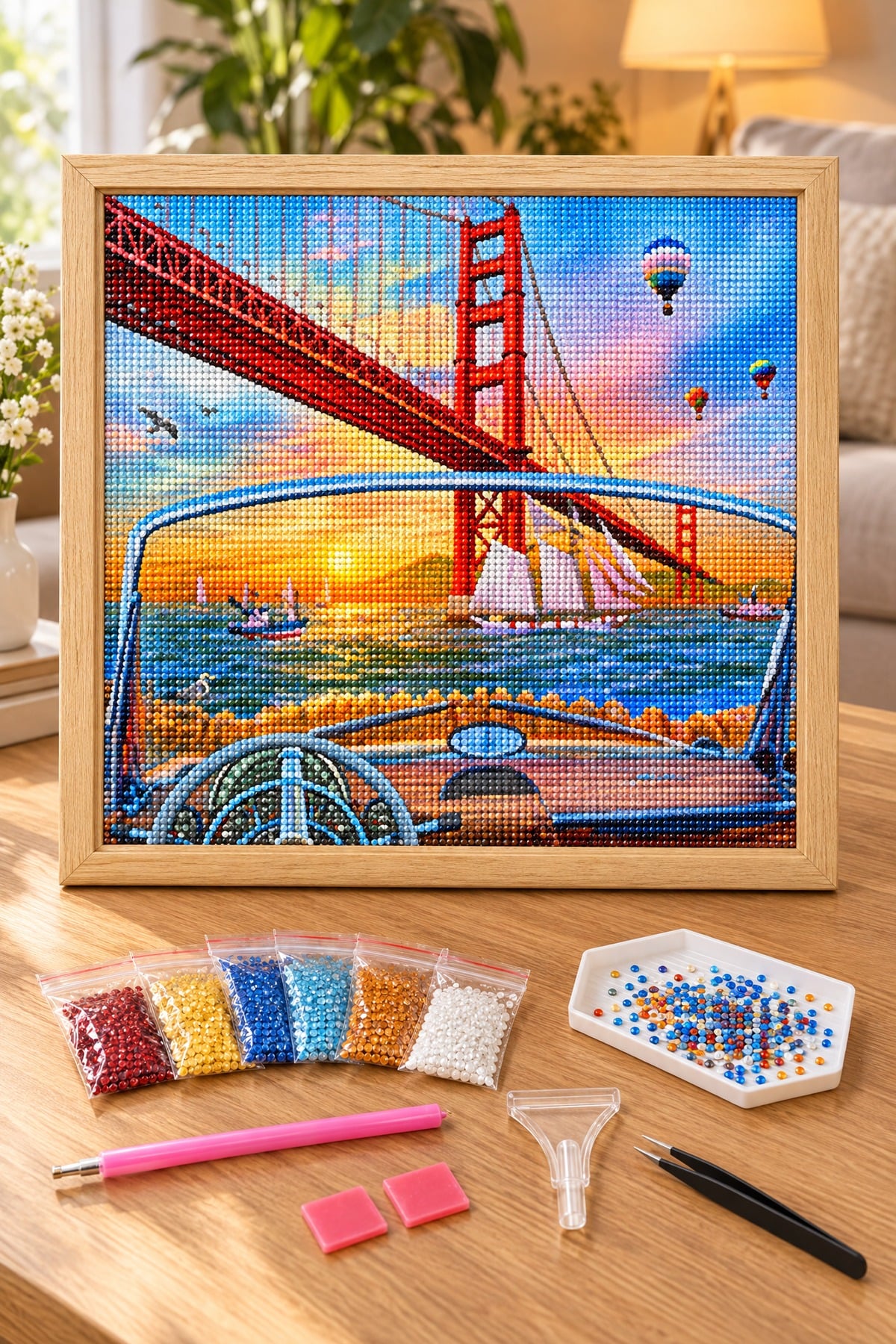Elmas Boyama Puzzle Kit, Golden Gate Köprüsü ve Balonlar 50x65 cm Mozaik