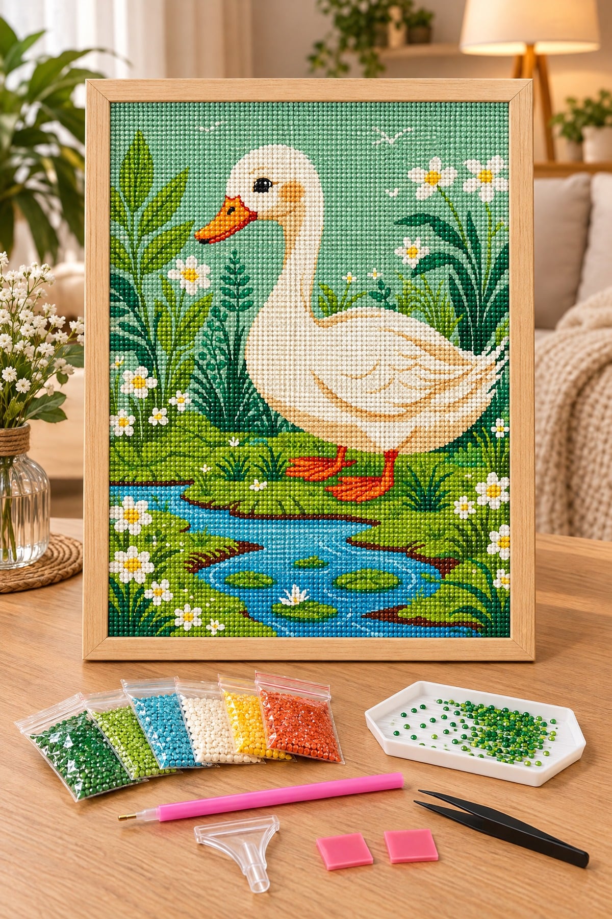 Elmas Boyama Puzzle Kit, Gölet Kenarında Beyaz Ördek 21x25 cm Mozaik