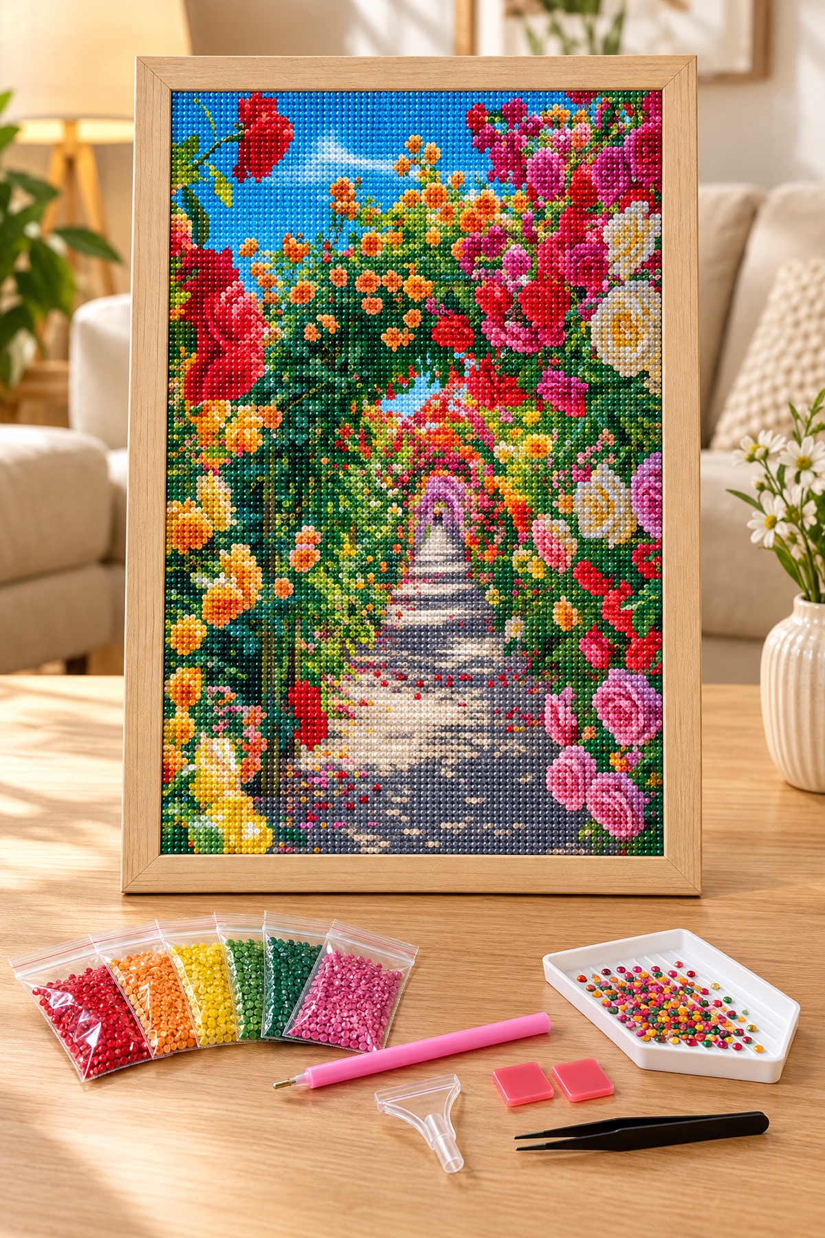 Elmas Boyama Puzzle Kit, Gül Kemerli Bahçe Yolu 30x40 cm Mozaik