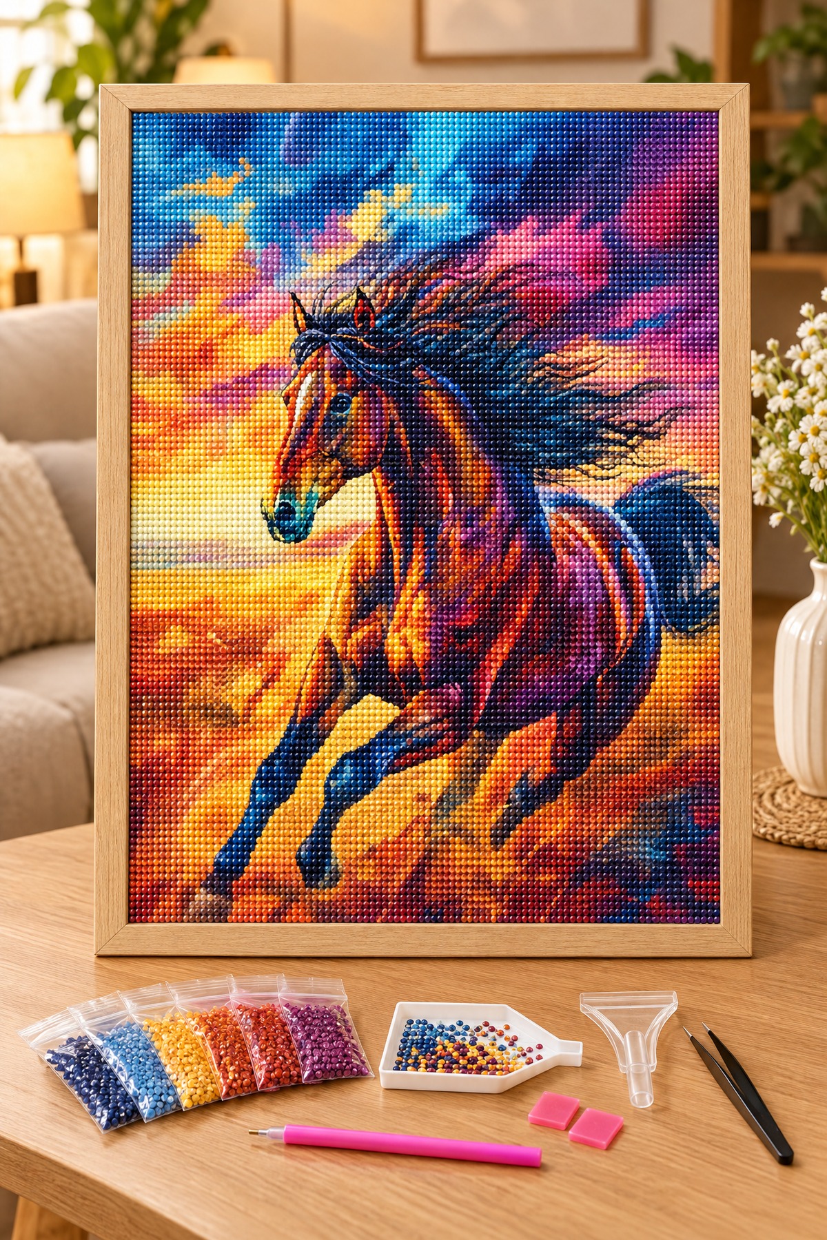 Elmas Boyama Puzzle Kit, Gün Batımında Koşan At 30x40 cm Mozaik