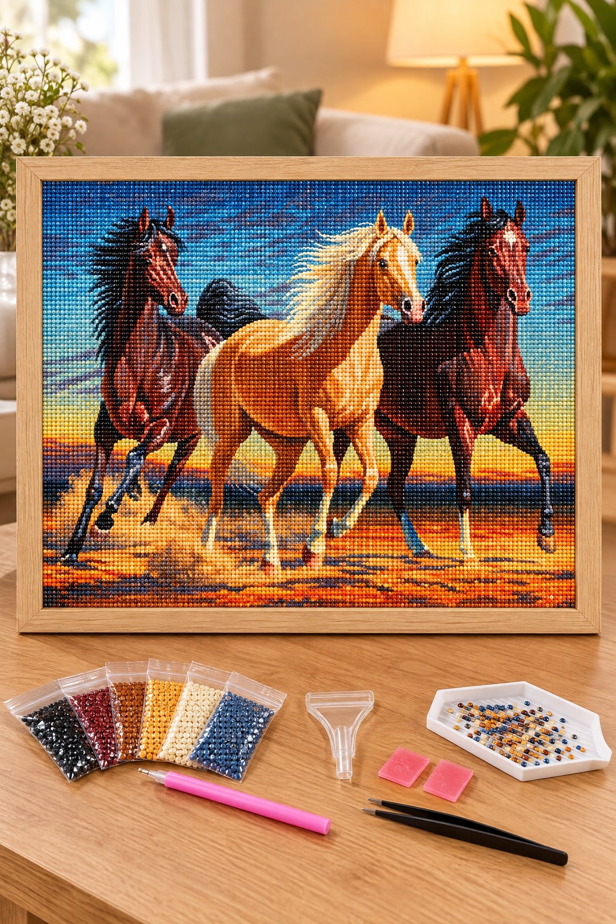 Elmas Boyama Puzzle Kit, Gün Batımında Koşan Üç At 50x65 cm Mozaik