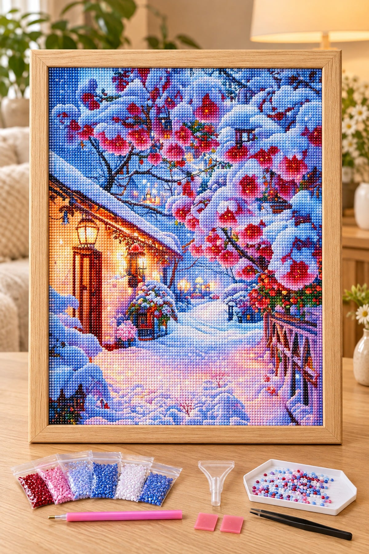 Elmas Boyama Puzzle Kit, Karlı Kiraz Çiçekli Sokak 40x50 cm Mozaik