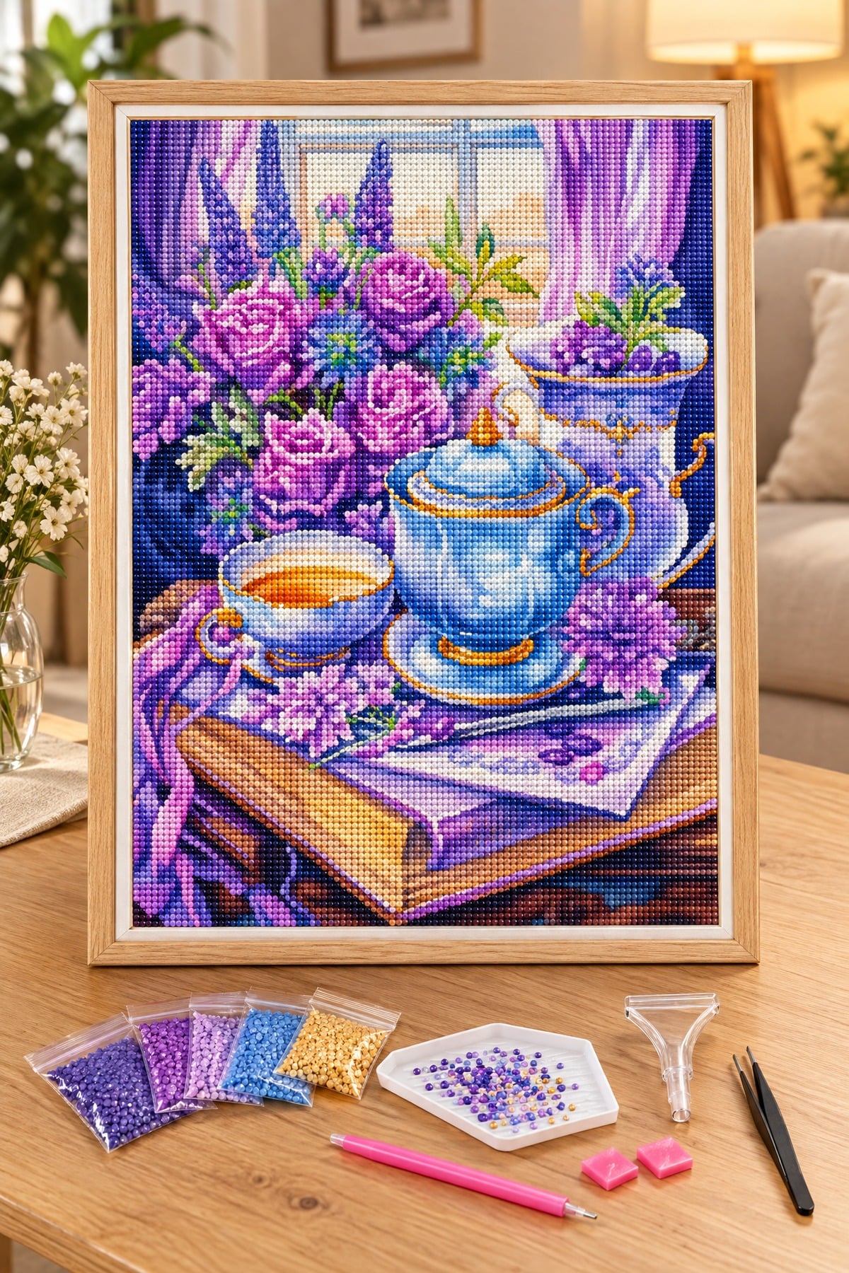 Elmas Boyama Puzzle Kit, Lavanta ve Mor Güllerle Çay Keyfi 30x40 cm Mozaik