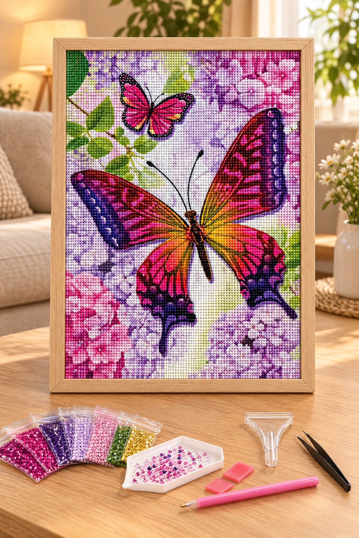 Elmas Boyama Puzzle Kit, Leylak Bahçesinde Pembe Kelebekler 21x25 cm Mozaik
