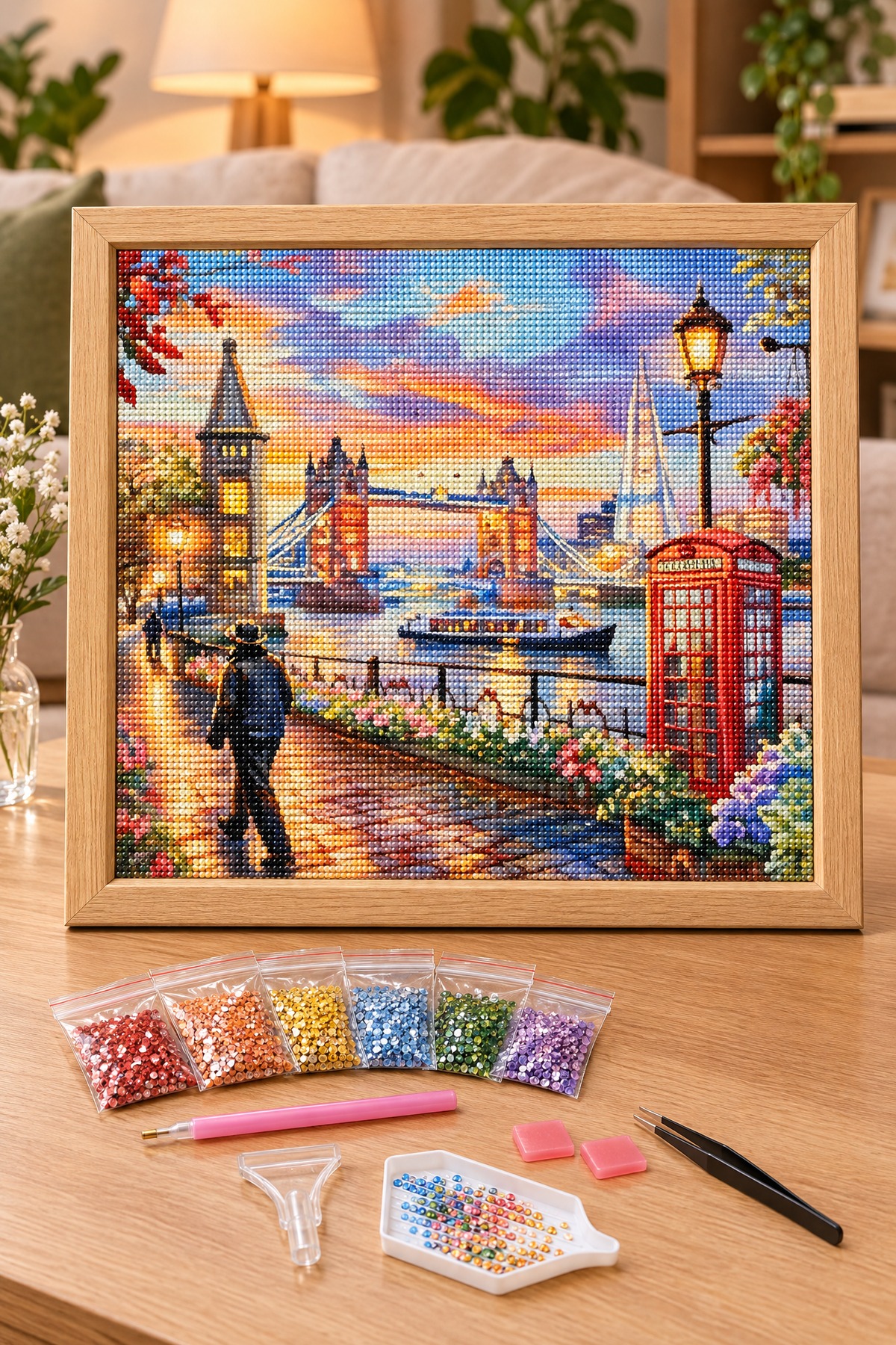 Elmas Boyama Puzzle Kit, Londra Tower Bridge ve Kırmızı Telefon Kulübesi 50x65 cm Mozaik