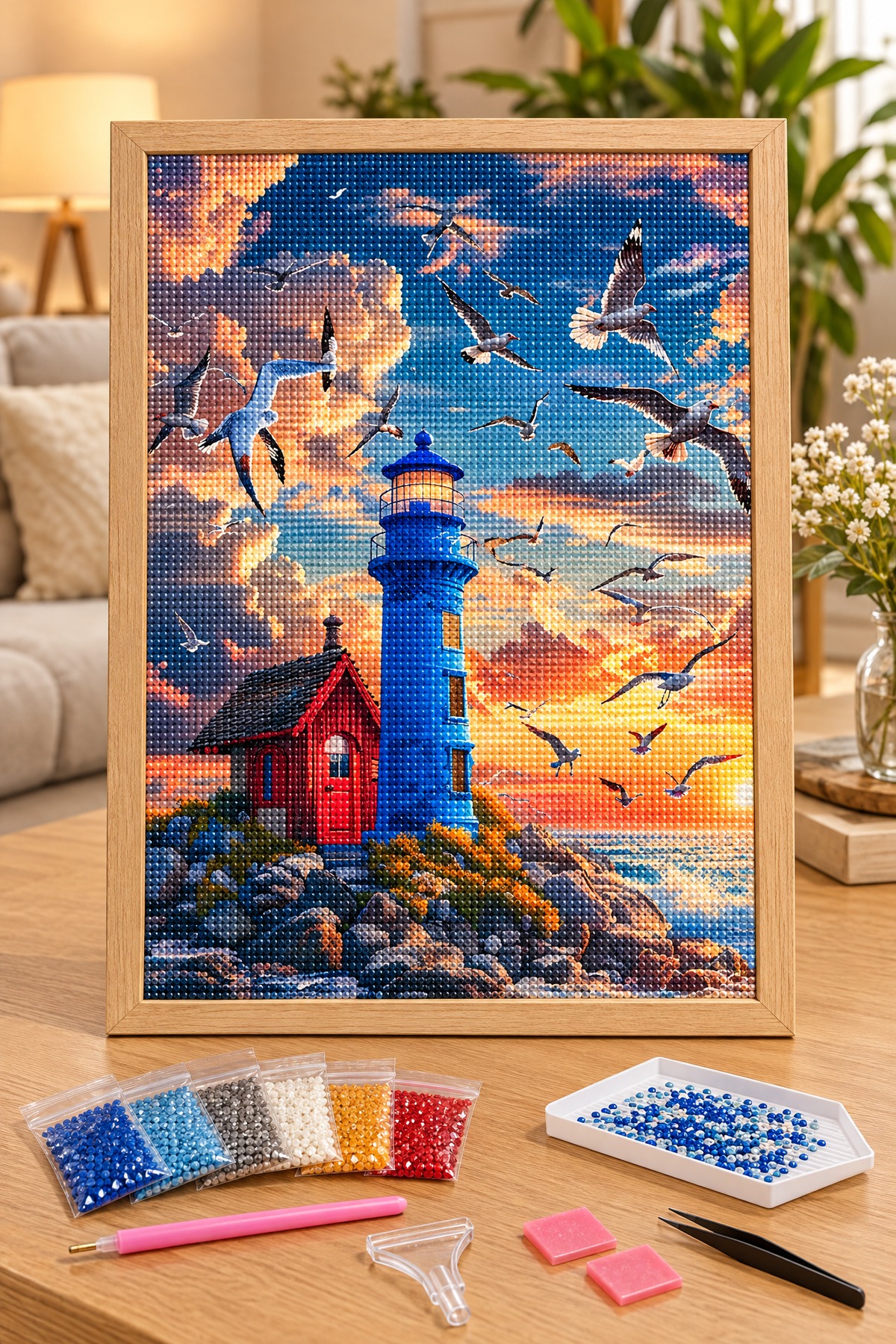 Elmas Boyama Puzzle Kit, Martılar ve Mavi Deniz Feneri 30x40 cm Mozaik