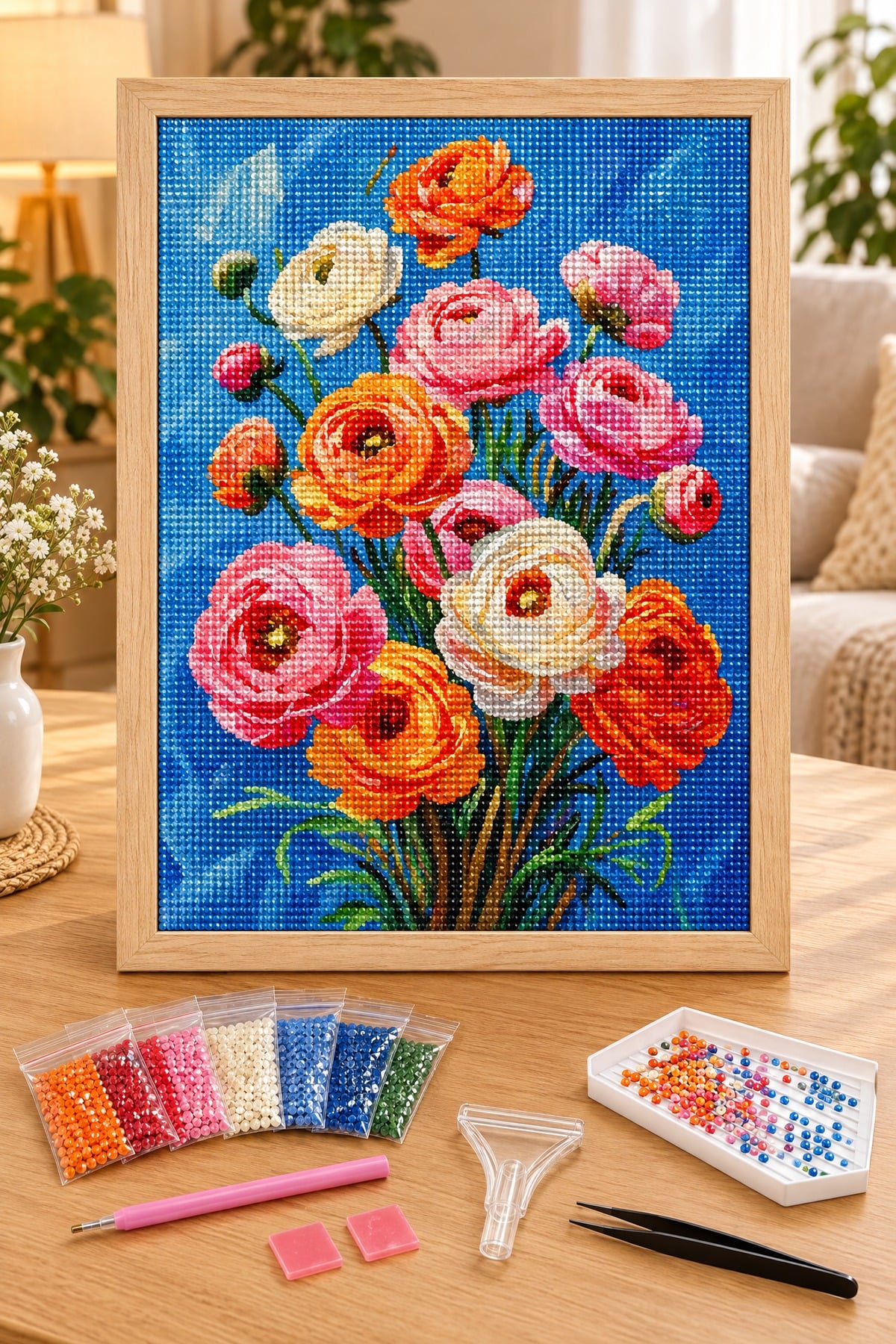 Elmas Boyama Puzzle Kit, Mavi Zeminde Düğünçiçekleri 30x40 cm Mozaik