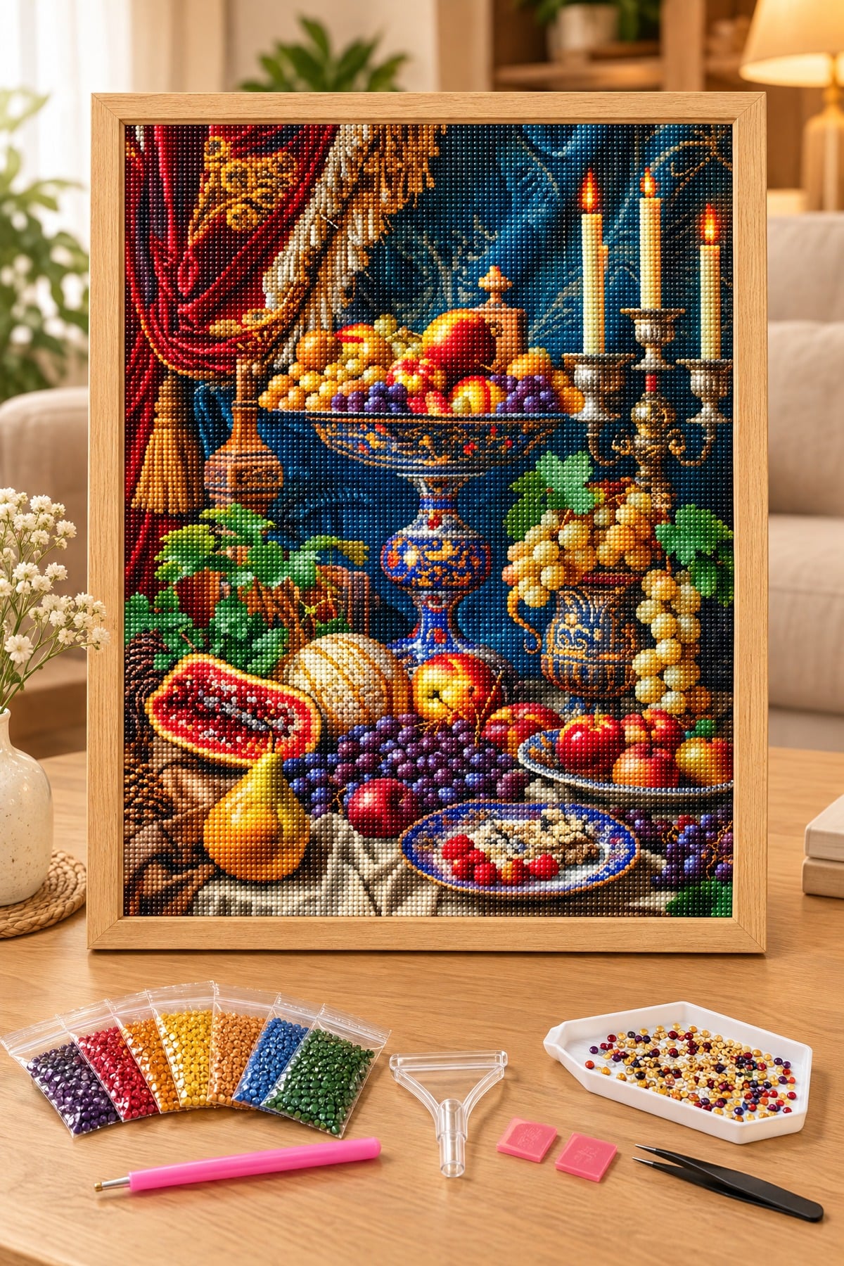 Elmas Boyama Puzzle Kit, Mumlar ve Meyvelerle Klasik Natürmort 50x65 cm Mozaik
