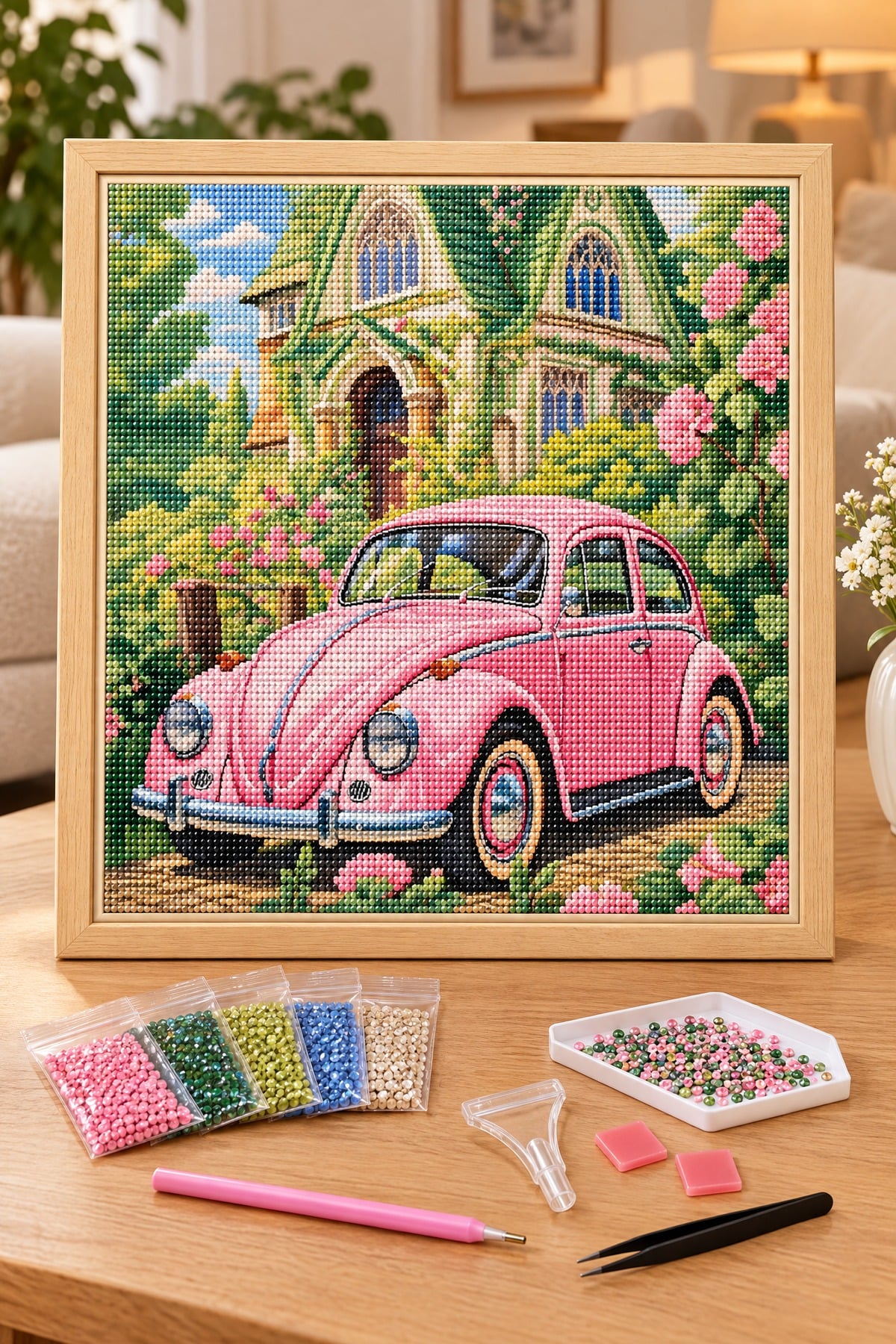 Elmas Boyama Puzzle Kit, Pembe Vosvos ve Çiçekli Ev 30x30 cm Mozaik