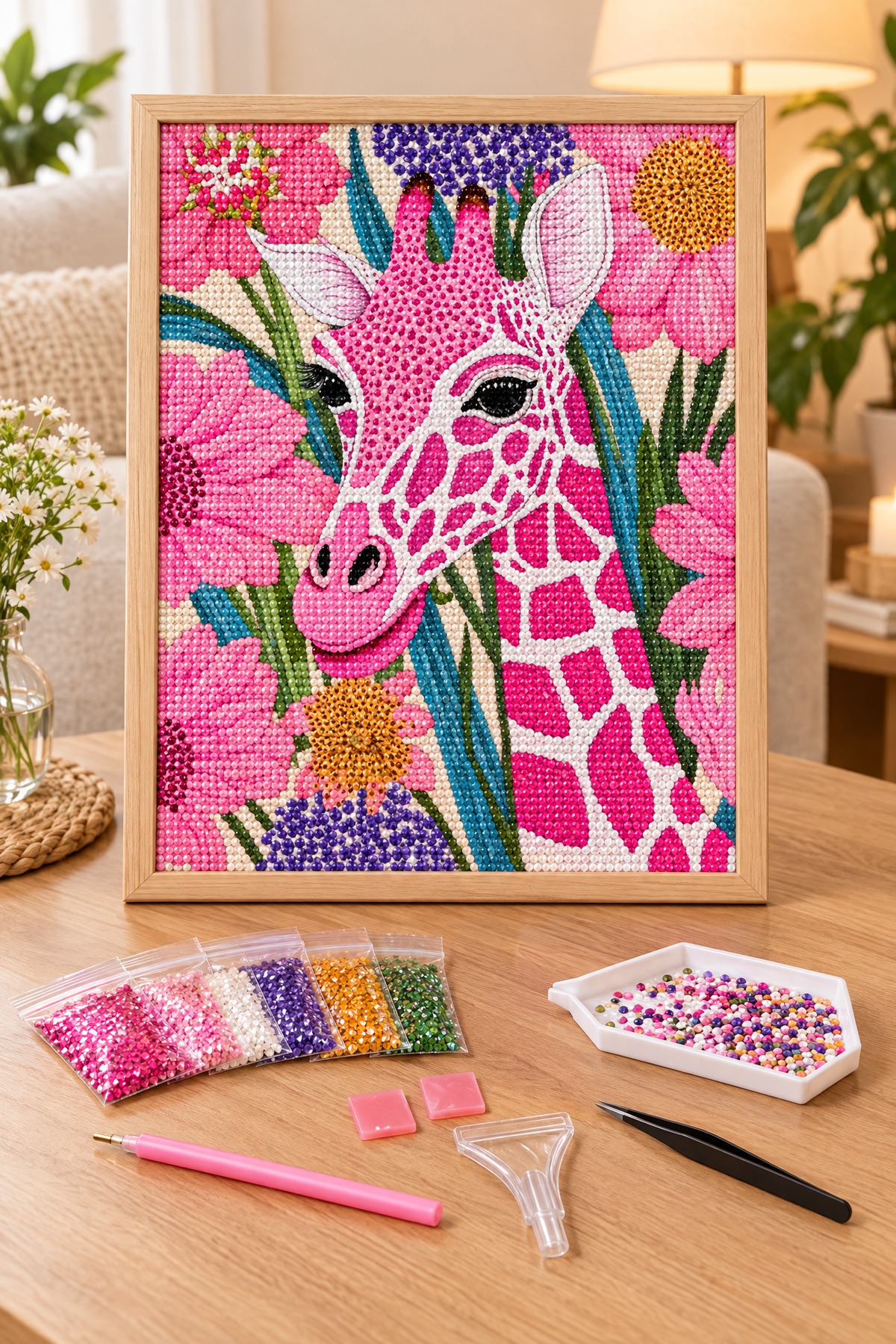 Elmas Boyama Puzzle Kit, Pembe Zürafa ve Çiçekler 21x25 cm Mozaik