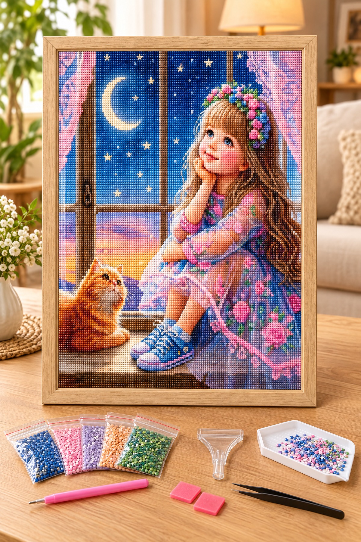 Elmas Boyama Puzzle Kit, Pencere Önünde Hayal Kuran Kız ve Kedi 30x40 cm Mozaik