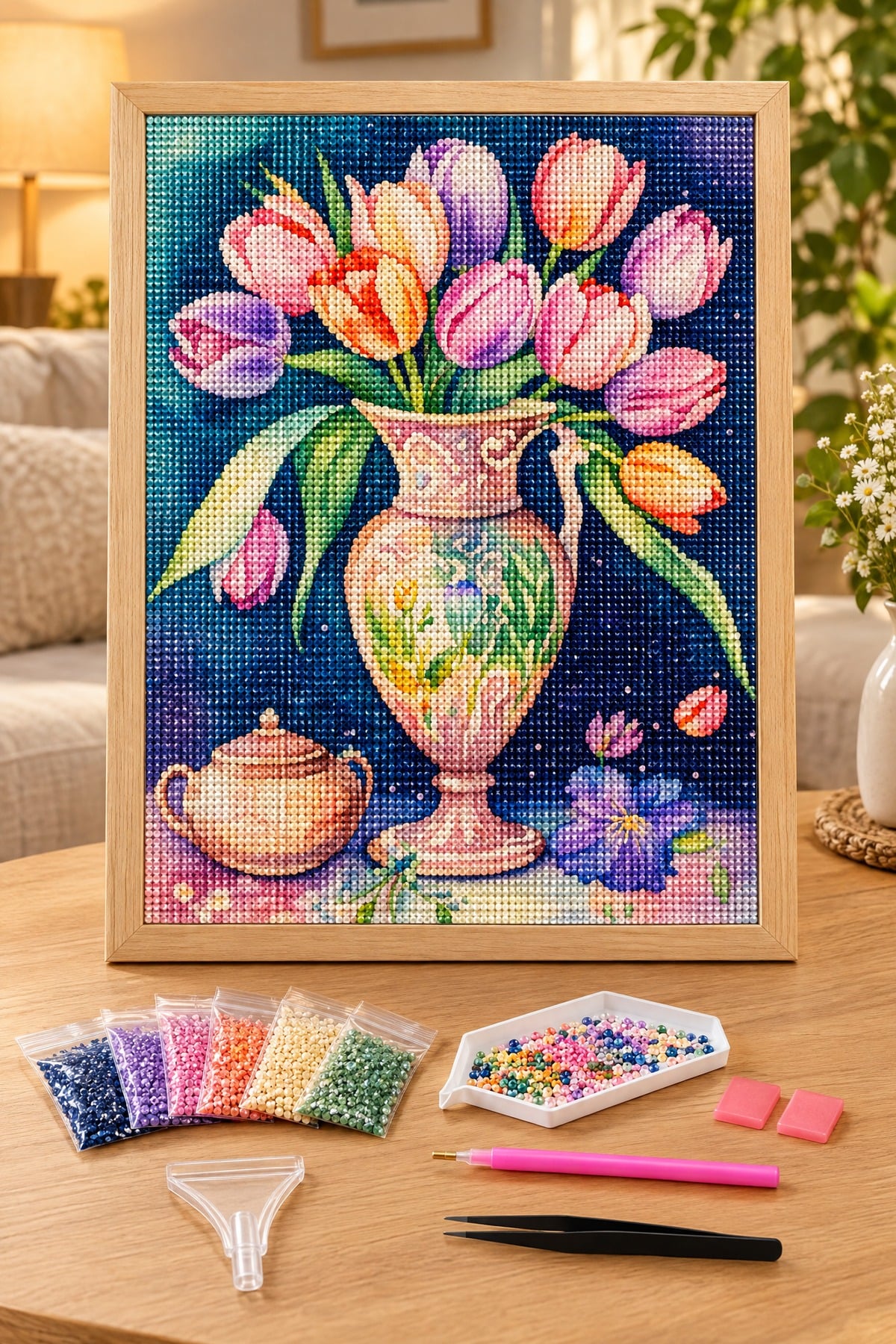 Elmas Boyama Puzzle Kit, Porselen Vazoda Pastel Laleler 40x50 cm Mozaik